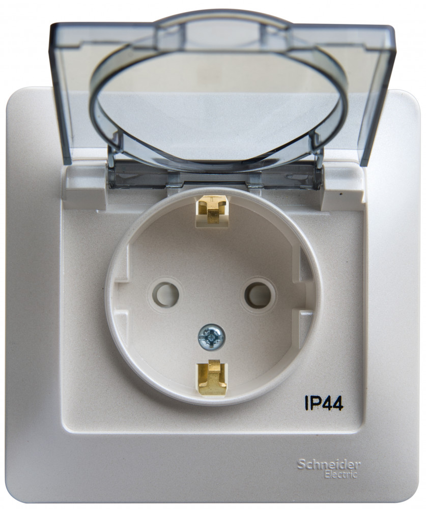 GLOSSA Розетка с заземлением со шторками с крышкой IP44 перламутр в сборе
