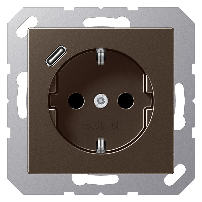 Розетка с USB Jung A 500, скрытый монтаж, с заземлением, мокко, A1520-18CMO