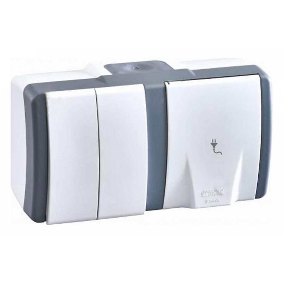 Выключатель двухклавишный + розетка без заземления Mono Electric Octans IP54 16A 250В бело-серый 154-020001-182