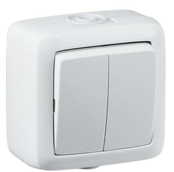 Выключатель двухклавишный наружный белый 10А IP44 10А