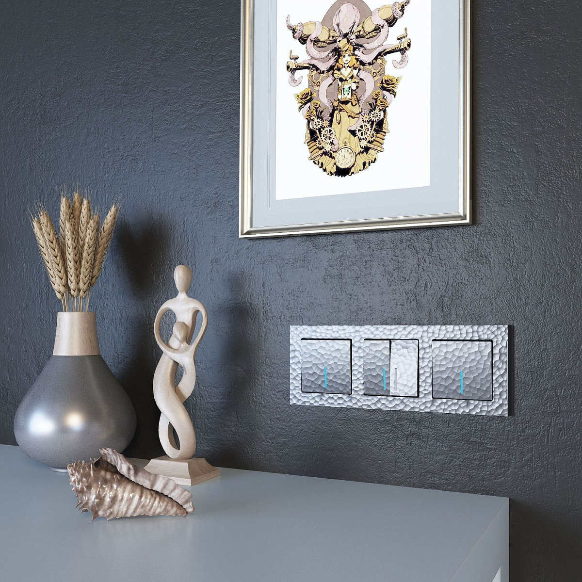 Выключатель двухклавишный с подсветкой серебряный W1220106