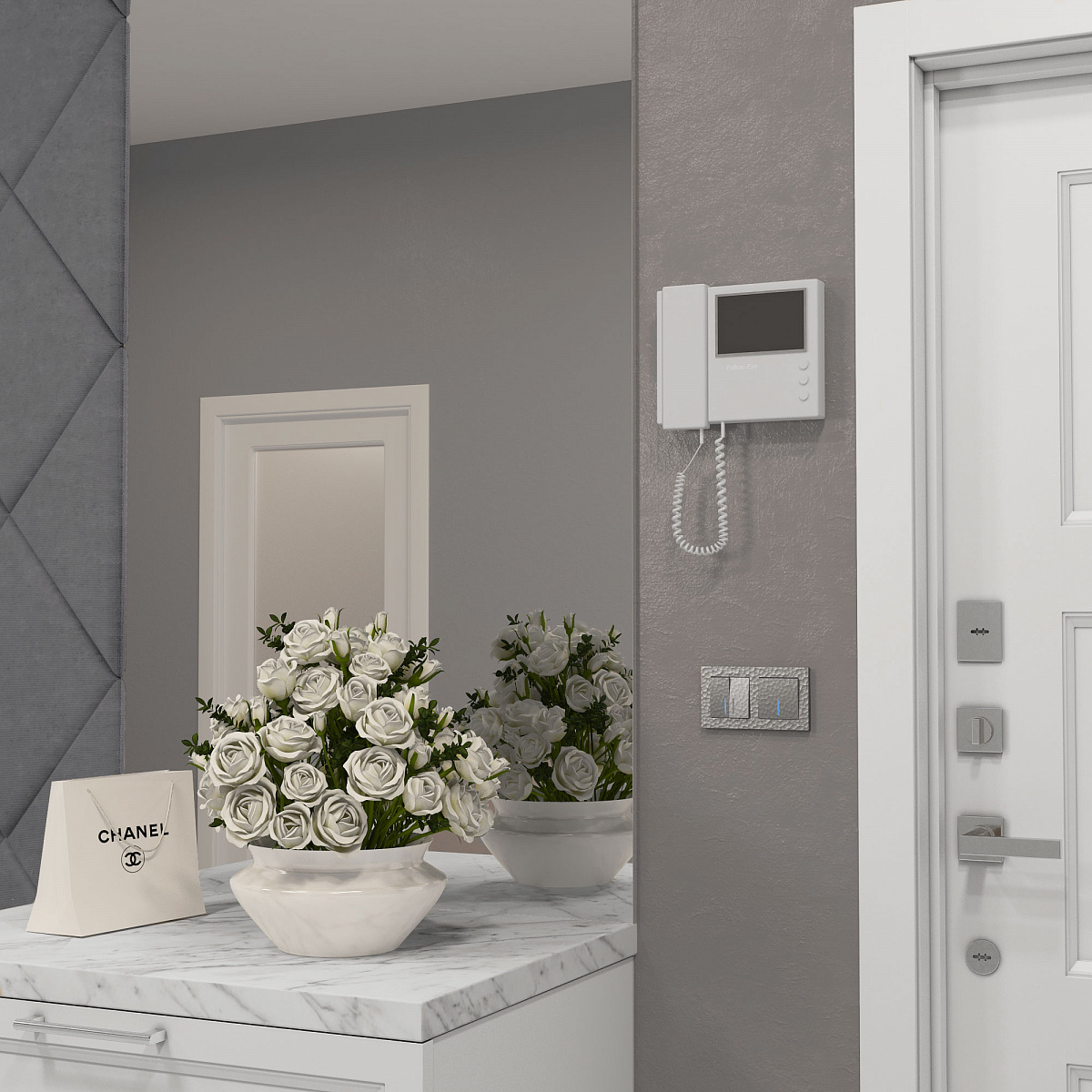 Выключатель двухклавишный с подсветкой серебряный W1220106